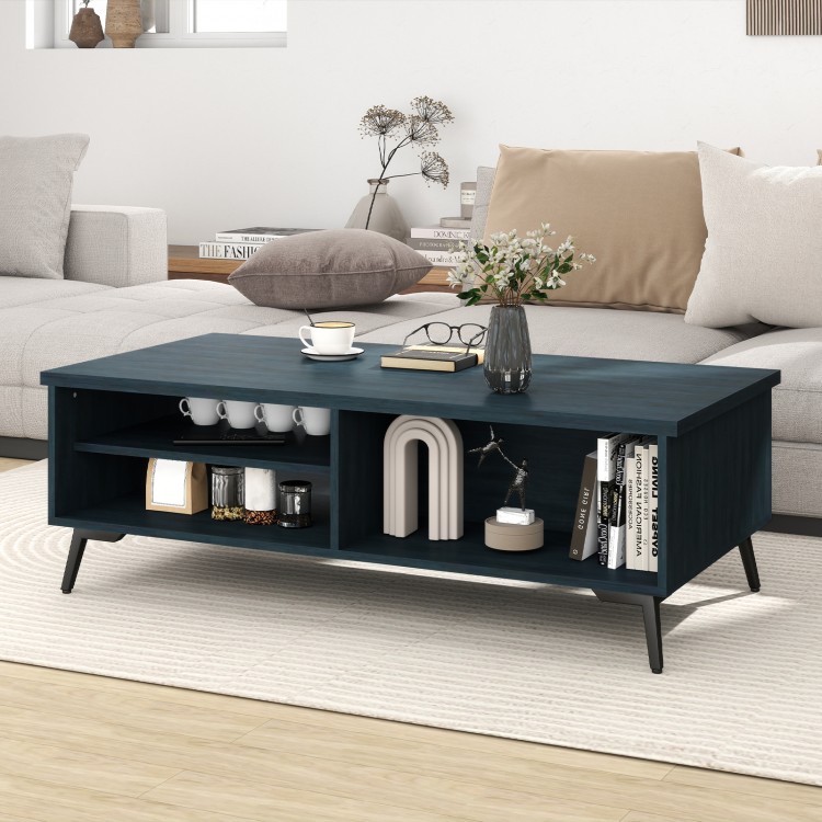 Mid-century modern blue coffee table with 2-tier storage shelves and compartments, perfect for living room organization.