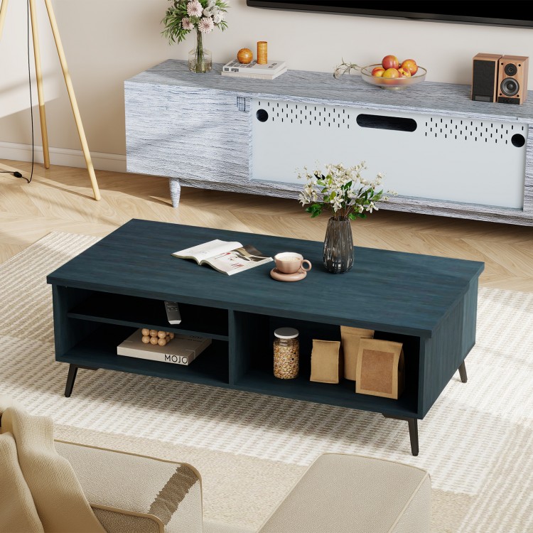 Mid-century modern blue coffee table with 2-tier storage shelves and open compartments, perfect for living room.