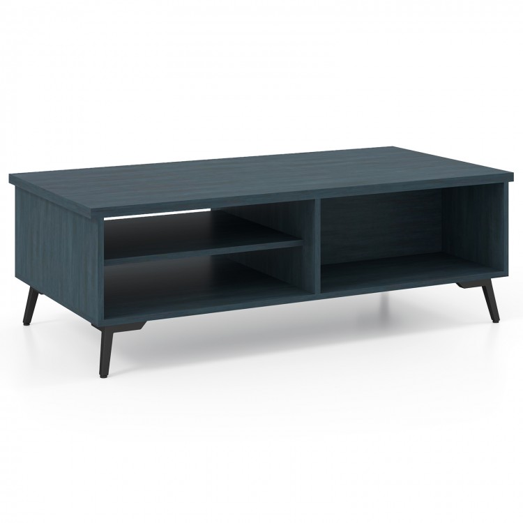 Mid-century modern blue coffee table with 2-tier storage shelves and open compartments for easy access and organization.