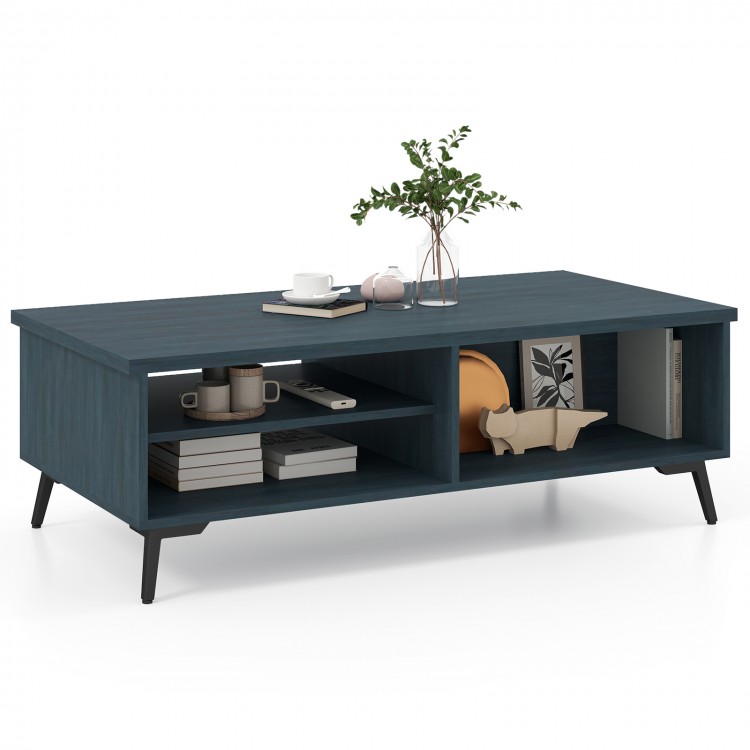 Mid-century modern coffee table in blue with 2-tier storage shelves and open compartments for easy access and.