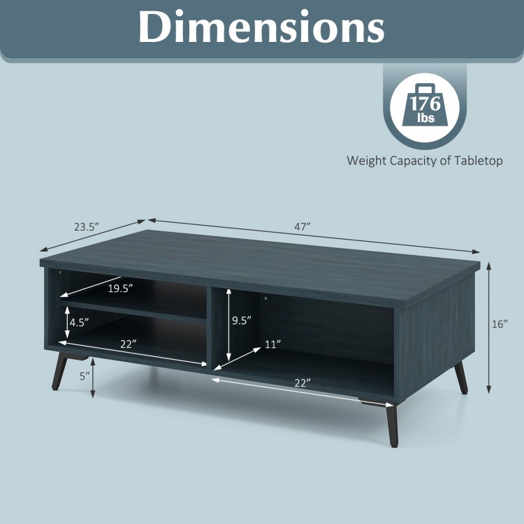 2-tier mid-century modern coffee table in blue with storage shelves, dimensions 47"x23.5"x16", ideal for living room.