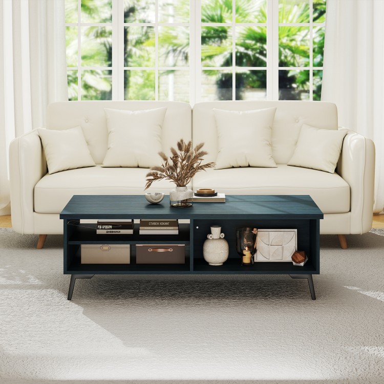 Mid-century modern blue coffee table showcasing ample storage compartments and a spacious tabletop for versatile use.