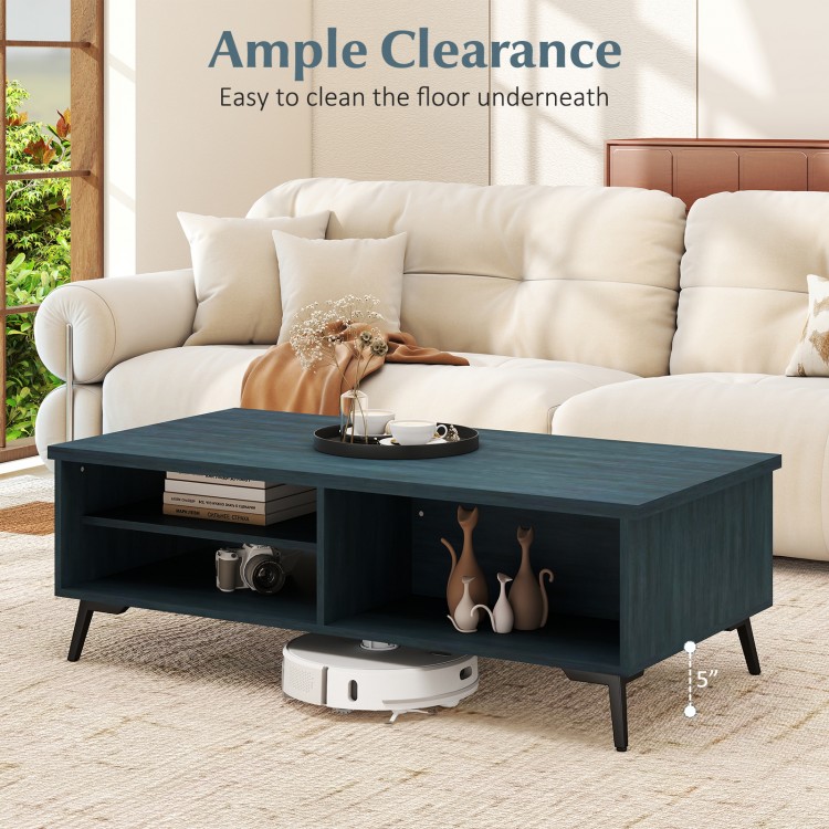 Mid-century modern blue coffee table with ample clearance, featuring 2-tier storage shelves and a spacious tabletop for.