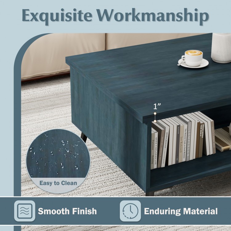 Mid-century modern blue coffee table with 2-tier storage shelves and smooth finish, ideal for easy cleaning and.