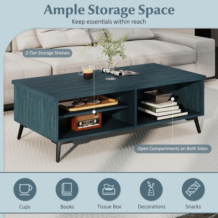 Mid-century modern coffee table in blue with 2-tier storage shelves and open compartments for easy access to essentials.