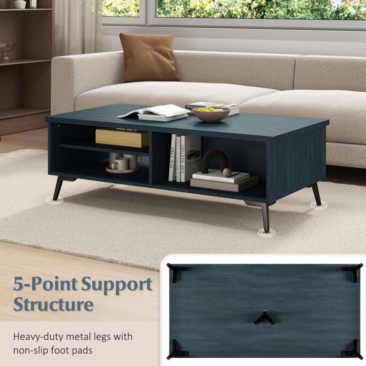 Mid-century modern blue coffee table with 2-tier storage shelves and heavy-duty metal legs for stability and easy.