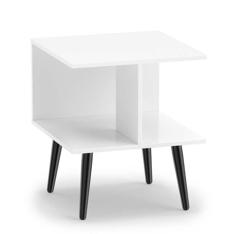 White 2-tier end table with raised metal legs and compartments, perfect for living room or bedroom decor.