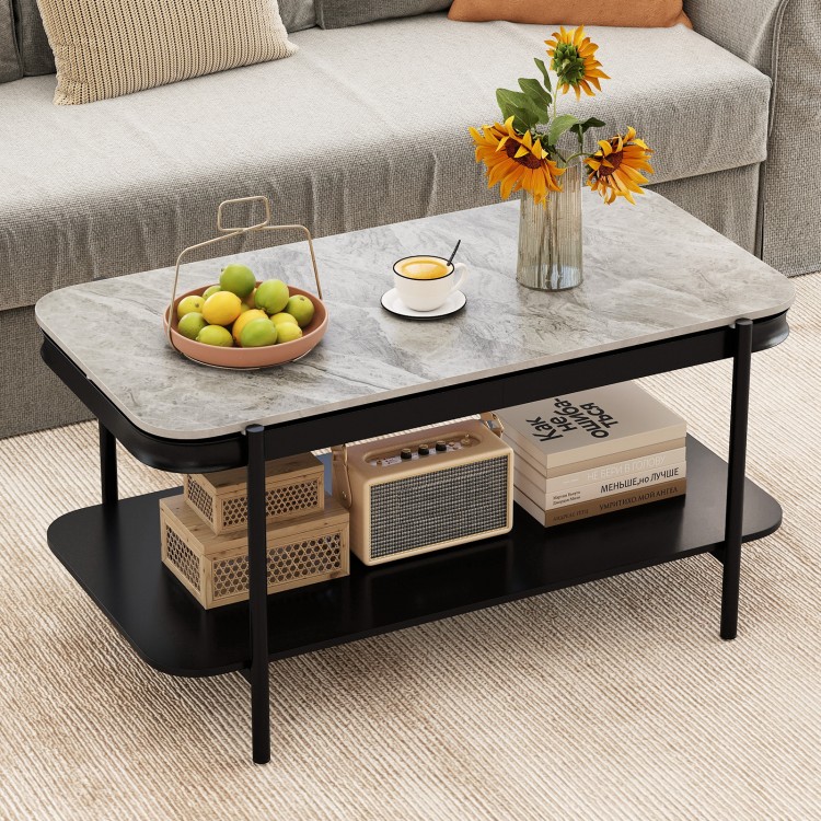 Modern rectangular coffee table with gray sintered stone top and open storage shelf, perfect for stylish living spaces.