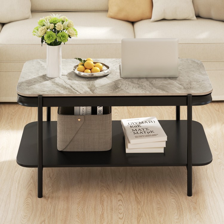 Modern rectangular coffee table with a gray sintered stone top and open storage shelf, perfect for stylish living.