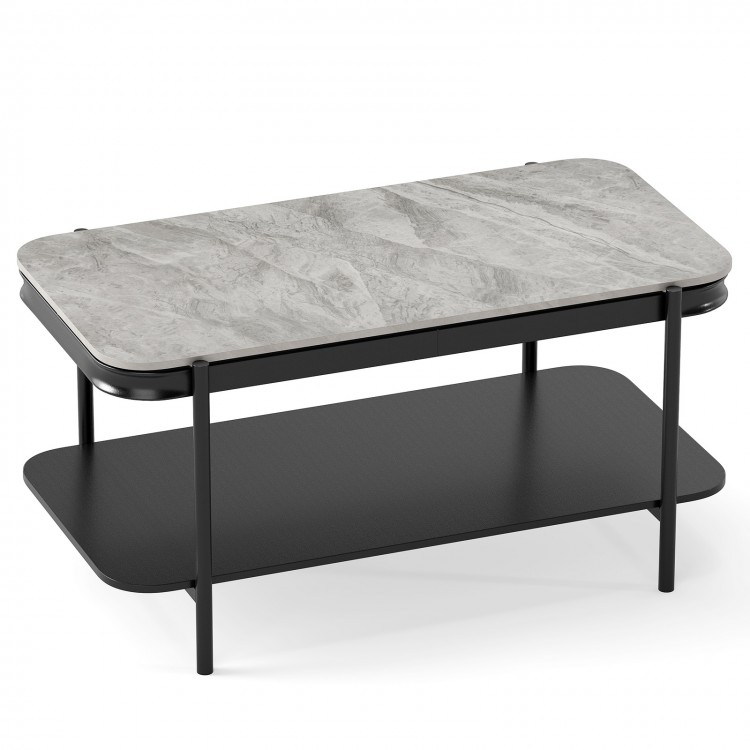 Modern rectangular coffee table with a gray sintered stone top and open storage shelf, ideal for stylish living spaces.
