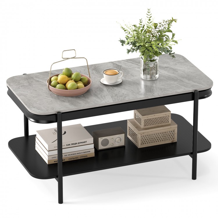 Modern rectangular coffee table with a gray sintered stone top and open storage shelf for stylish living room.