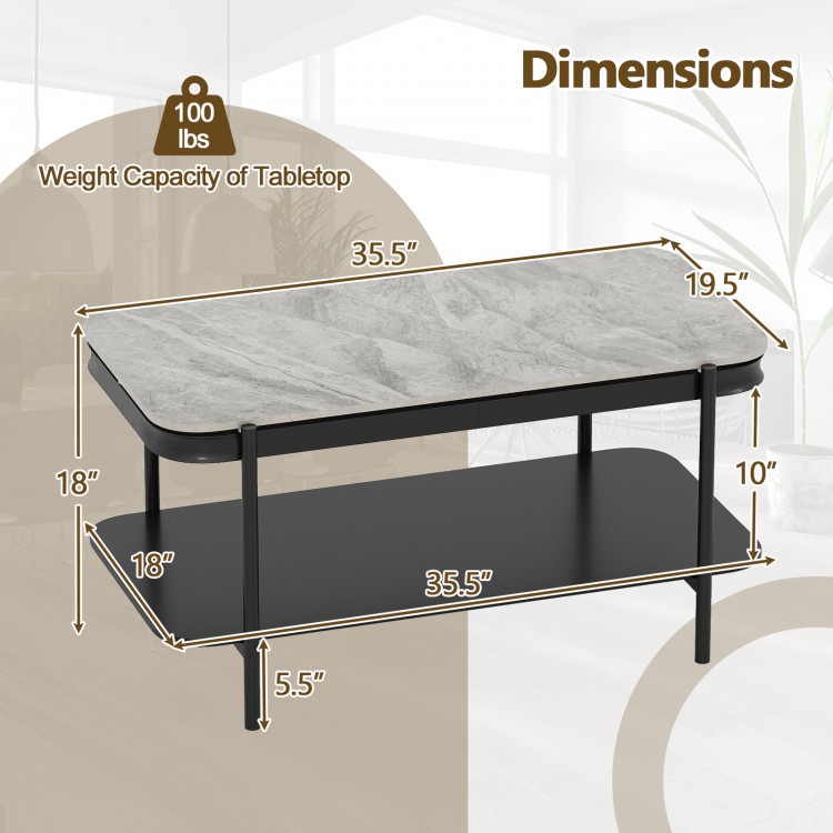 Rectangular coffee table with sintered stone top, gray finish, dimensions 35.5" x 19.5" x 18", features open storage.