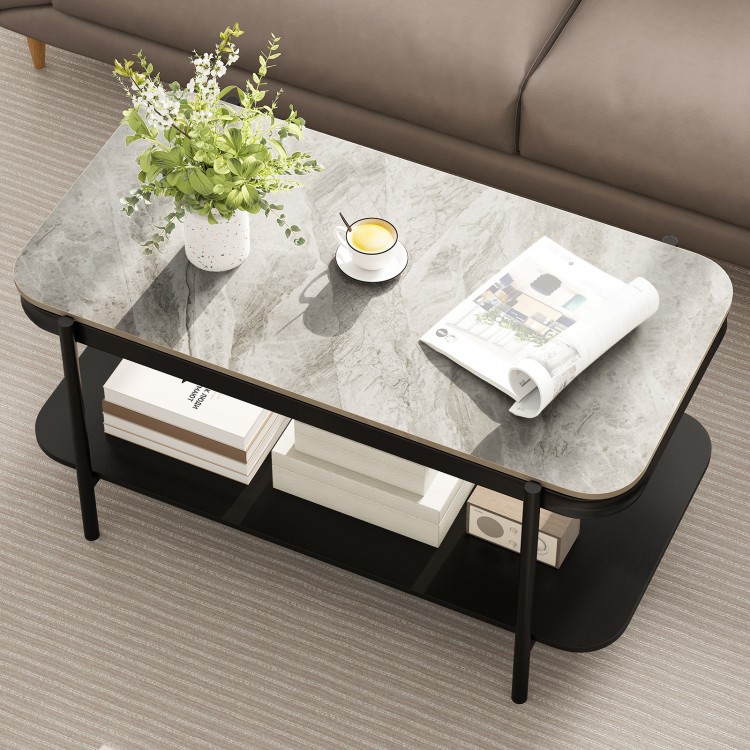 Top view of a 2-tier coffee table with a gray sintered stone surface and open shelf, combining modern elegance and.
