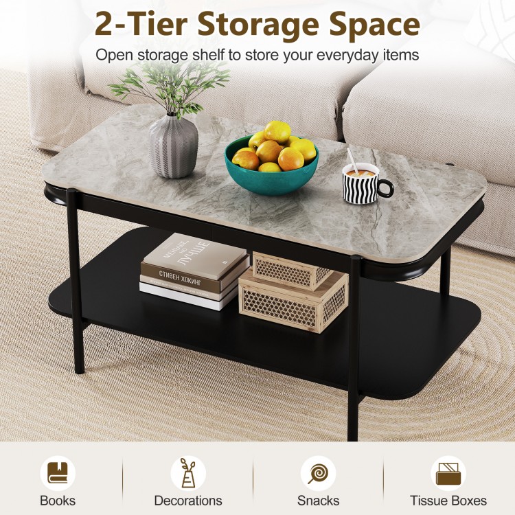 Modern rectangular coffee table with gray sintered stone top and open storage shelf for everyday items in a stylish.