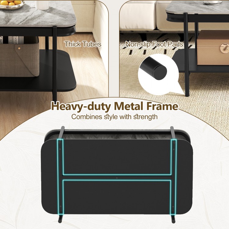 Modern rectangular coffee table with gray sintered stone top and robust metal frame, featuring an open storage shelf.