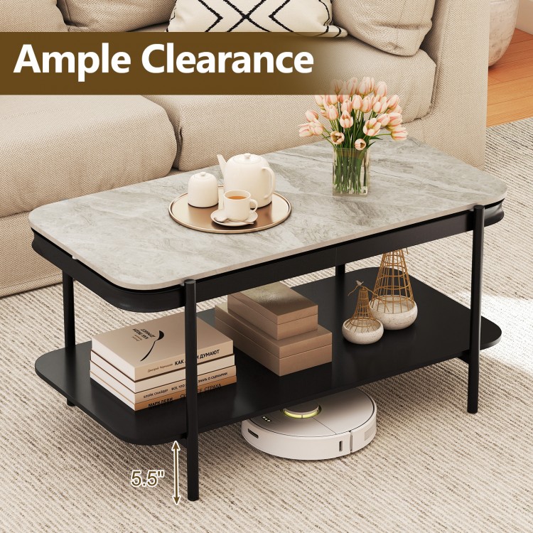 2-tier coffee table with gray sintered stone top, featuring ample clearance for easy cleaning and a stylish metal frame.