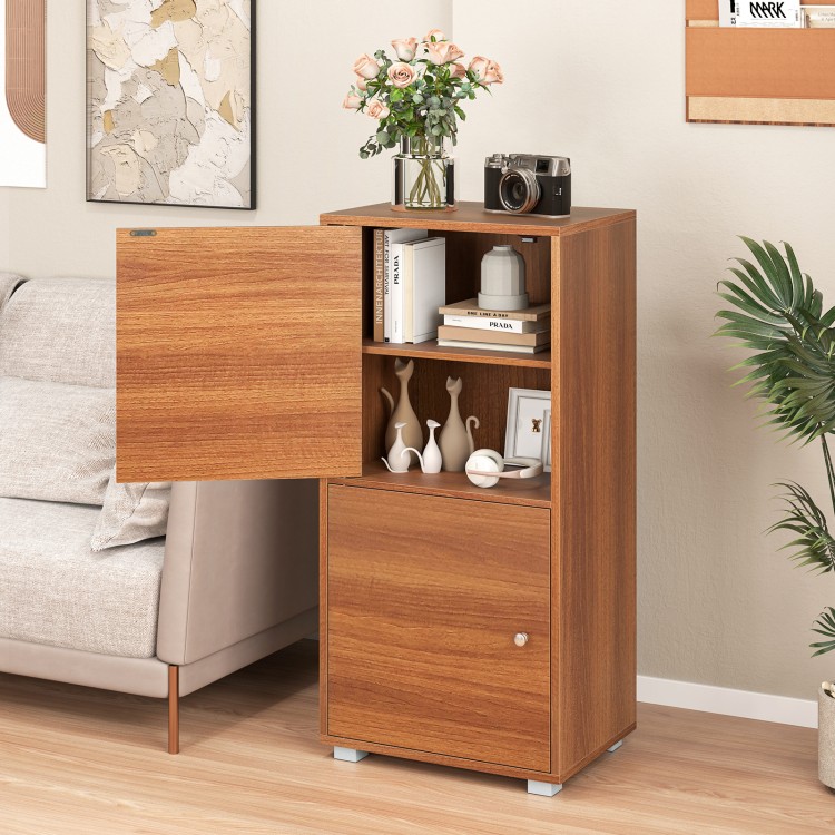 Modern 2-tier nightstand in walnut with drawer and open shelf, featuring adjustable compartments for versatile storage.