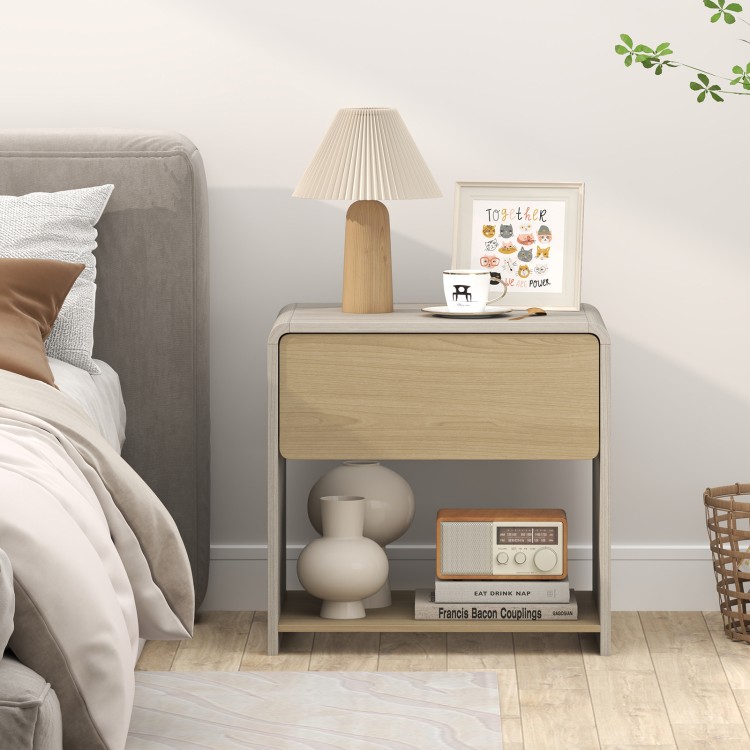 Modern 2-tier nightstand in oak with a pull-out drawer and open shelf, ideal for bedroom organization and decor.