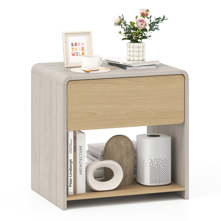 2-tier modern nightstand in oak with a drawer and open shelf, perfect for organizing essentials and displaying decor.