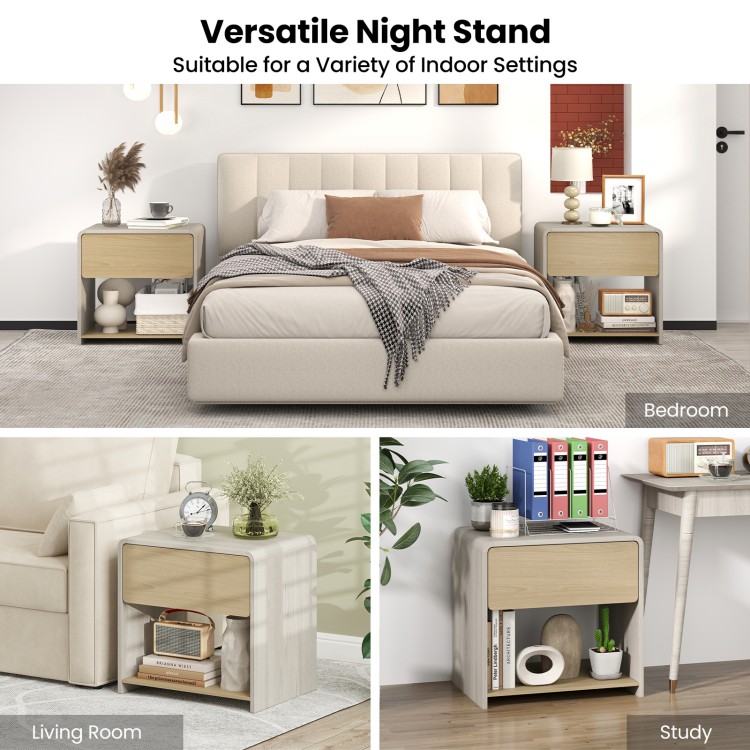 2-tier modern nightstand in oak with drawer and open shelf, perfect for bedroom or study use and easy to clean.