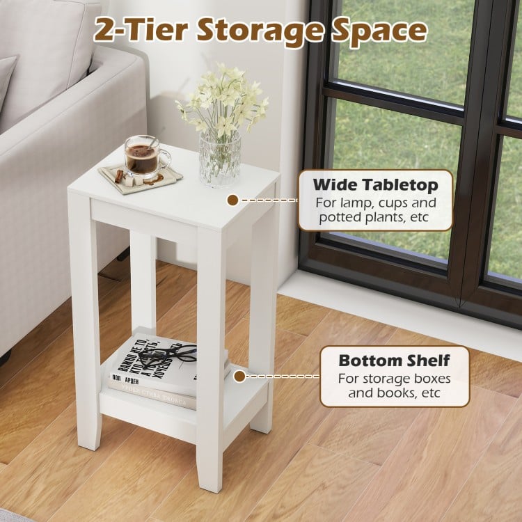 2-tier nightstand in white with wooden legs, featuring a wide tabletop and bottom shelf for storage in any bedroom.