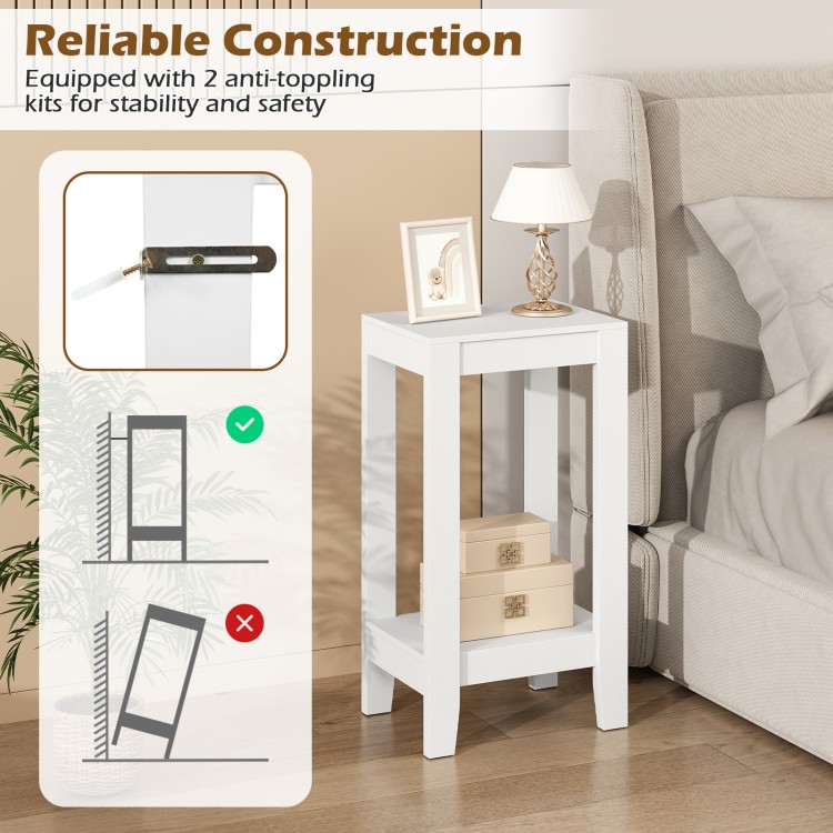 2-tier white nightstand with solid wood legs, offering ample storage and a space-saving design for bedroom or living room use.