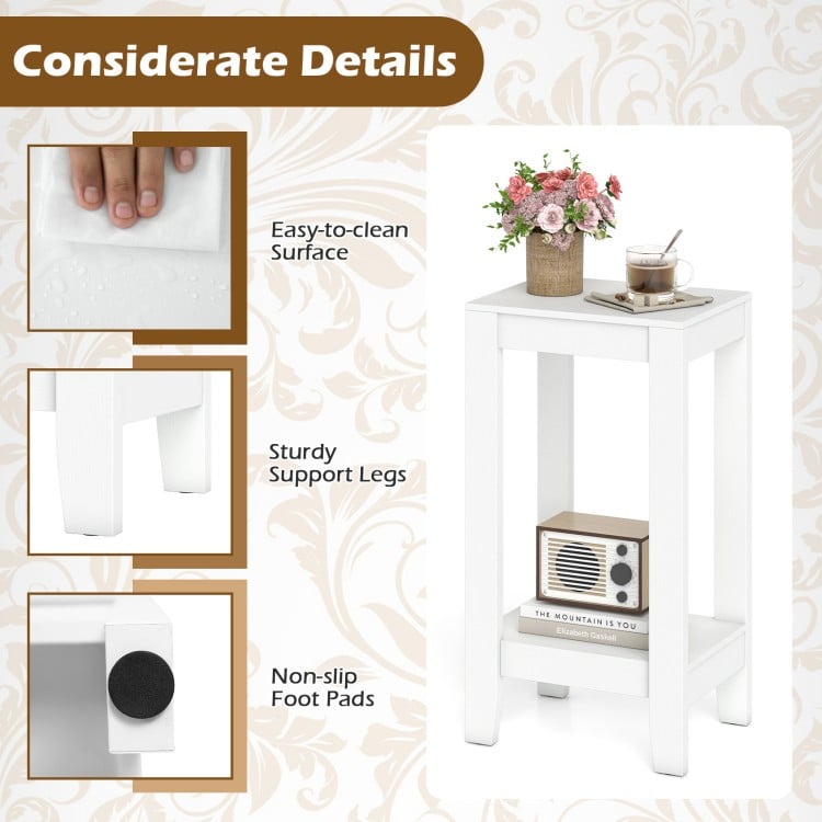 White 2-tier nightstand with solid wood legs, easy-to-clean surface, and non-slip foot pads for bedroom convenience.