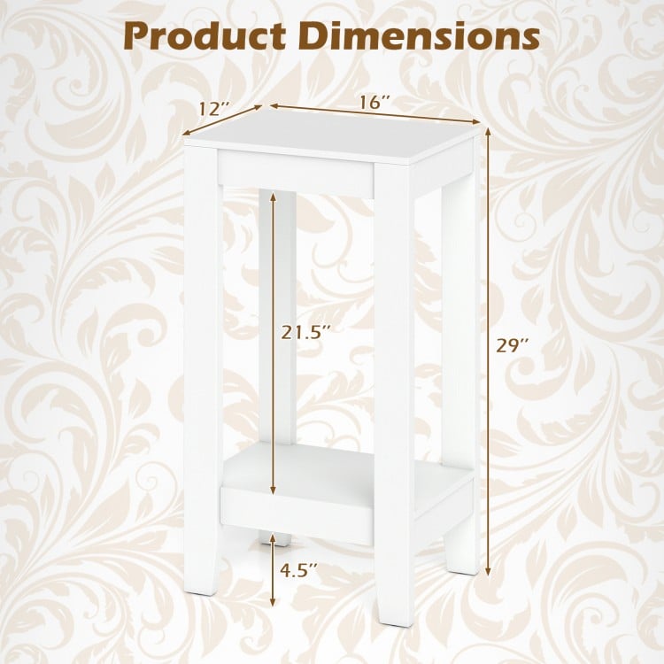 White 2-tier nightstand with solid wood legs, featuring a smooth surface and space-saving design for bedroom use.