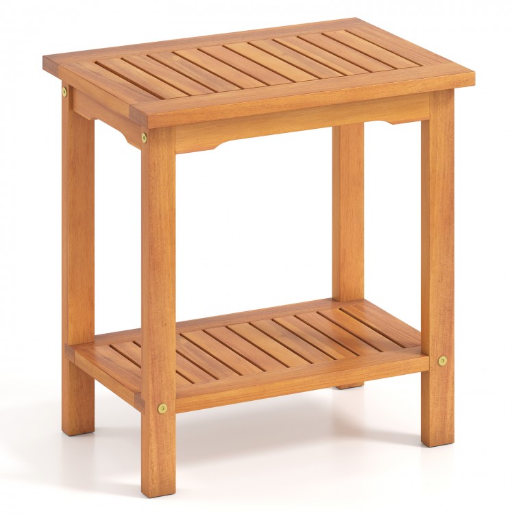 2-tier outdoor acacia wood side table with slatted tabletop, perfect for patio or garden storage and decor.