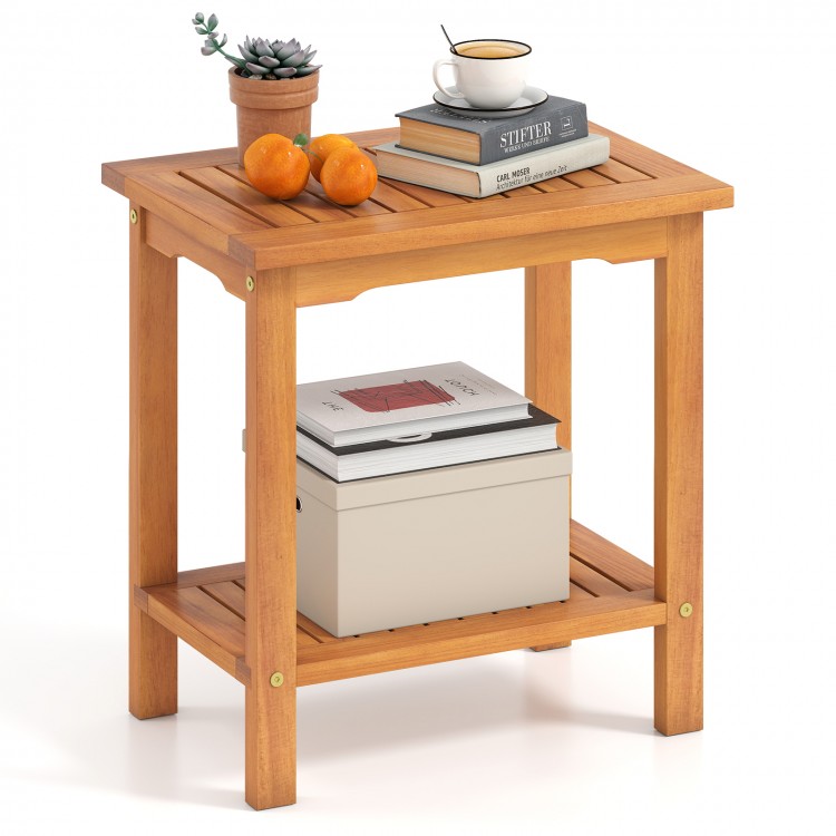 2-tier outdoor acacia wood side table with slatted tabletop and storage shelf, perfect for patio or garden use.