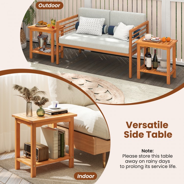 2-tier acacia wood side table with slatted top and storage shelf, perfect for indoor and outdoor use.