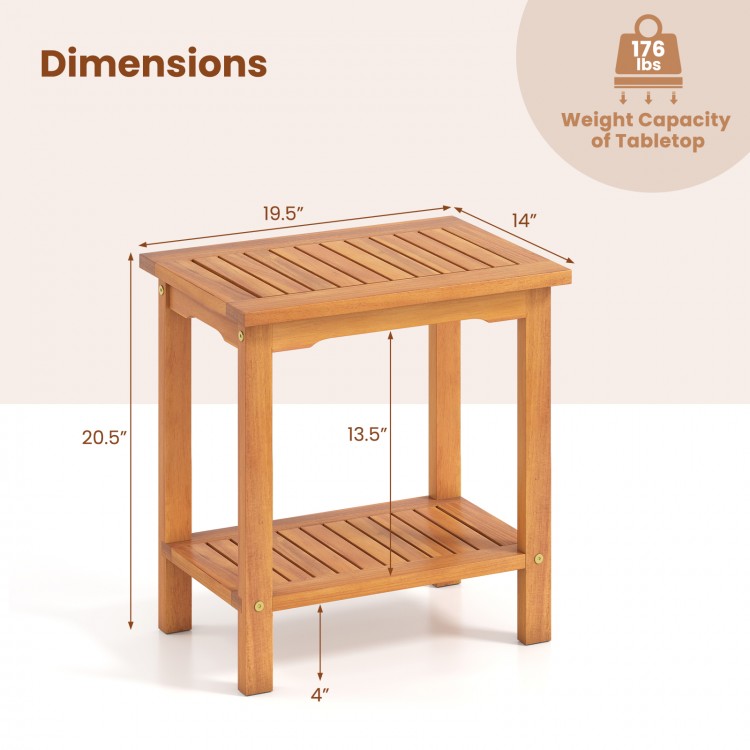 2-tier outdoor acacia wood side table with slatted tabletop, dimensions 19.5" x 14", ideal for patio or garden use.