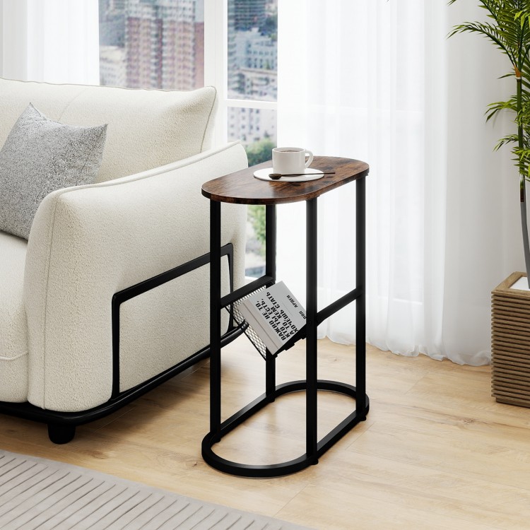 Narrow rustic brown end table with a sturdy steel frame, featuring a wide tabletop and storage bag, ideal for small.