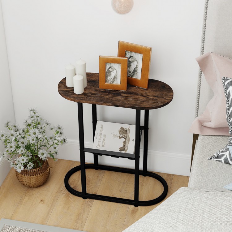 Narrow oval bedside end table in rustic brown with a sturdy steel frame and ample storage for small spaces.