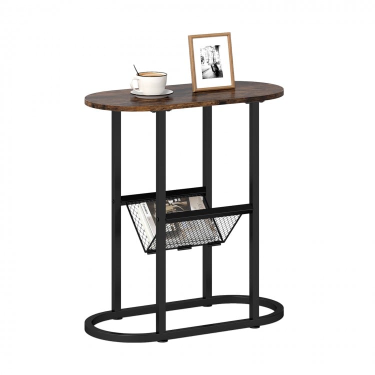 Narrow oval end table in rustic brown with a sturdy steel frame and mesh shelf, ideal for small spaces and bedside use.