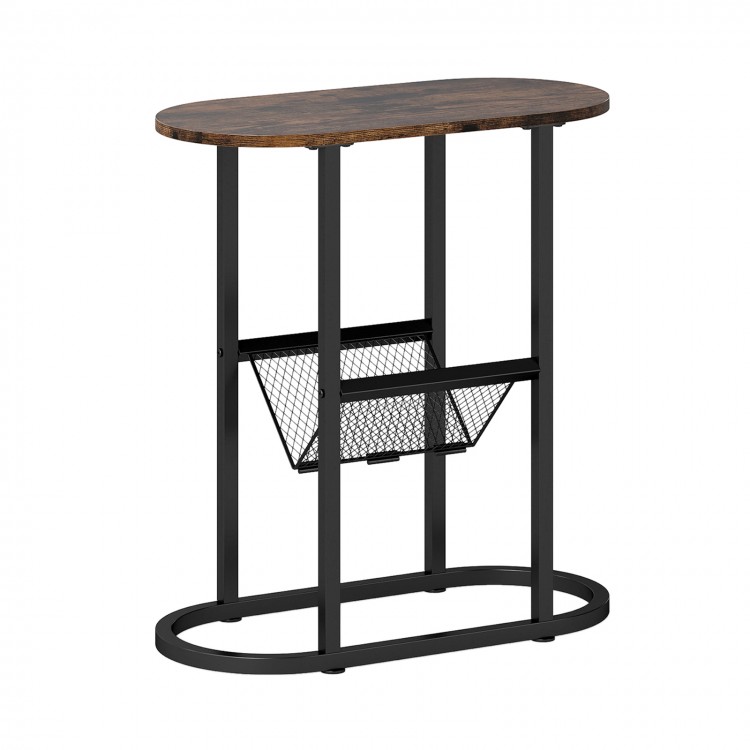 Narrow oval end table in rustic brown with a mesh storage bag, ideal for small spaces beside a bed or sofa.