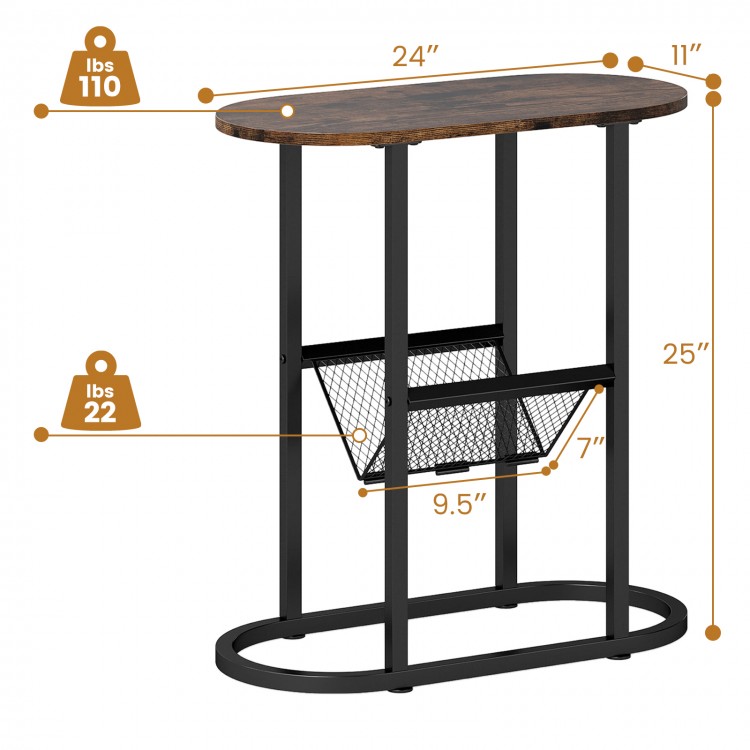 Narrow 2-tier oval bedside end table in rustic brown with a mesh storage bag, perfect for small spaces and added.