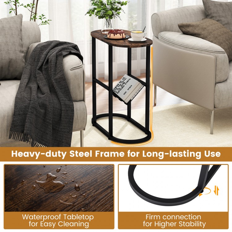 Narrow 2-tier bedside end table in rustic brown with steel frame, offering ample storage for small spaces.