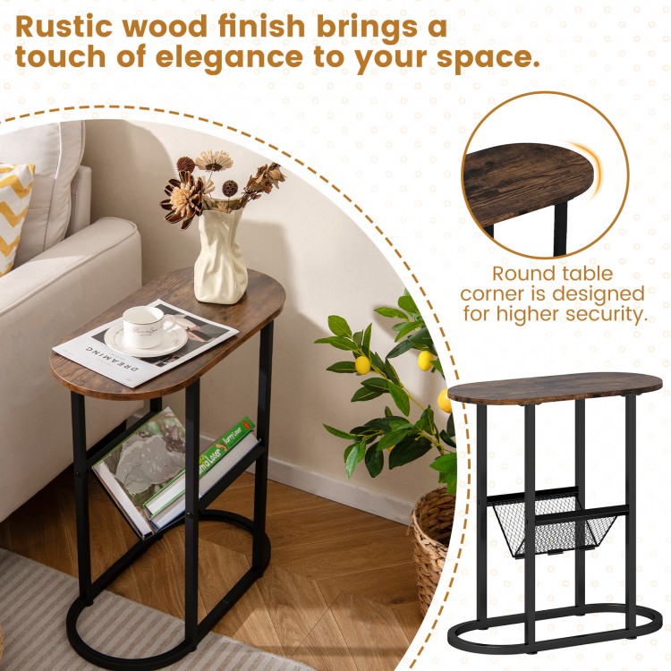 Narrow oval end table in rustic brown with a sturdy steel frame and mesh shelf, ideal for small spaces and stylish.
