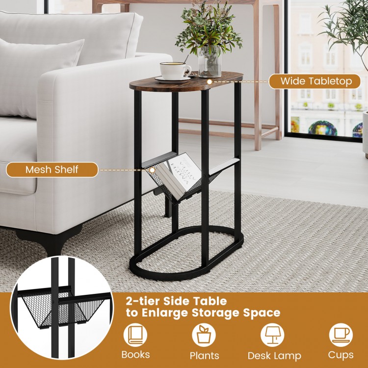 Narrow 2-tier oval bedside end table in rustic brown with wide tabletop and mesh shelf for extra storage in small.