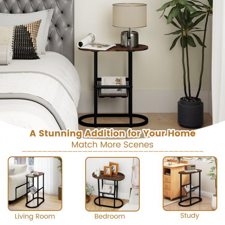 Narrow 2-tier oval bedside end table in rustic brown with a sturdy steel frame and mesh shelf for extra storage.