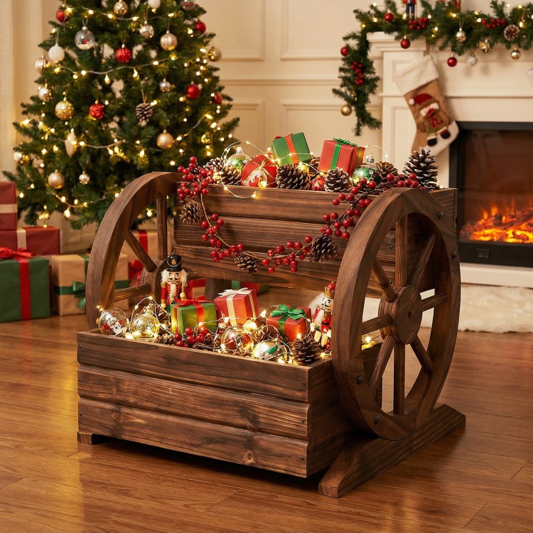 Rustic wood wagon-shaped 2-tier planter with drainage holes, perfect for displaying seasonal decorations and potted.