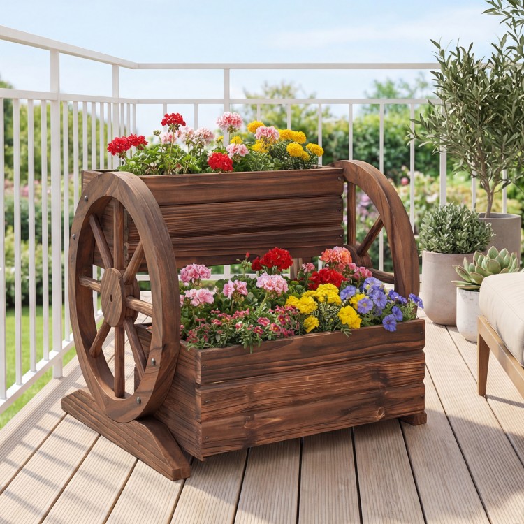 Rustic wood 2-tier raised garden bed in wagon shape, featuring drainage holes and vibrant flowers for outdoor.