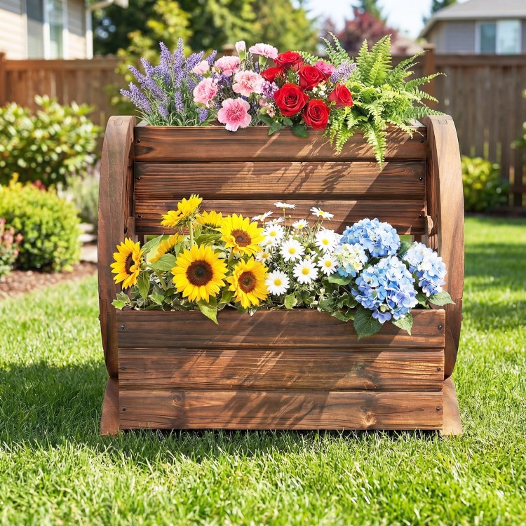 2-tier rustic wood wagon-shaped garden bed with vibrant flowers, featuring drainage holes and wheels for easy mobility.