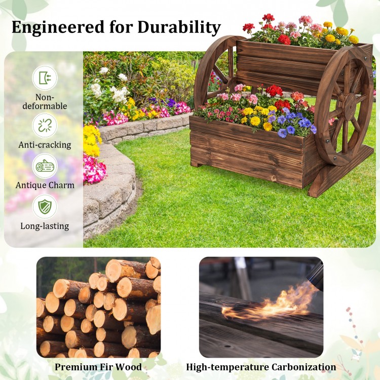 Rustic 2-tier raised garden bed in wagon shape, crafted from premium fir wood, perfect for flowers and potted plants.