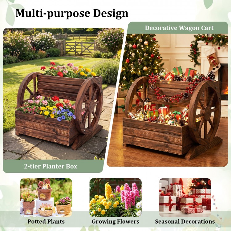 2-tier rustic wood wagon planter box with drainage holes, perfect for growing flowers and displaying potted plants.