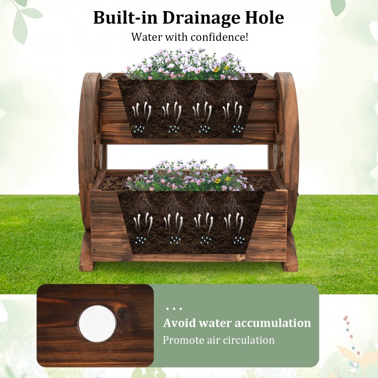 2-tier rustic wood garden bed with drainage holes and wheels, perfect for growing flowers and enhancing outdoor decor.