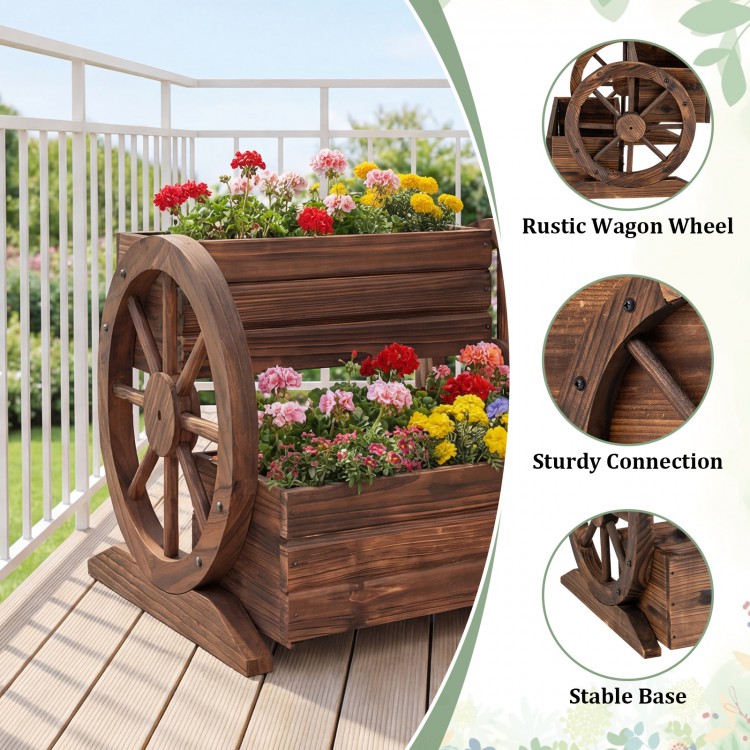 2-tier rustic wood wagon-shaped garden bed with drainage holes, perfect for flowers and potted plants on a balcony.