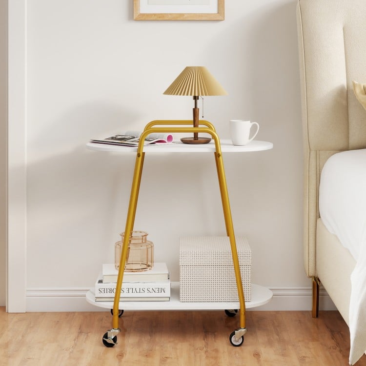 2-tier rolling end table with faux marble surfaces, yellow metal frame, perfect for small spaces in bedrooms or living rooms.