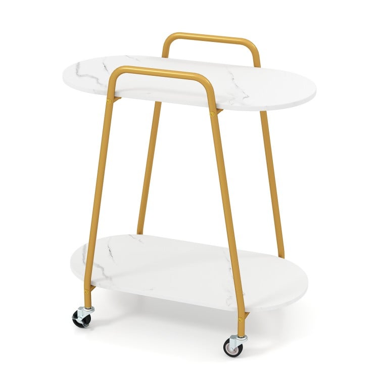 2-tier rolling end table with faux marble surfaces and gold metal frame, ideal for small spaces and easy mobility.